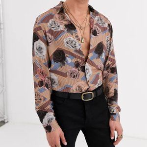 Asos Design Floral Geometric Print Button Up Regul